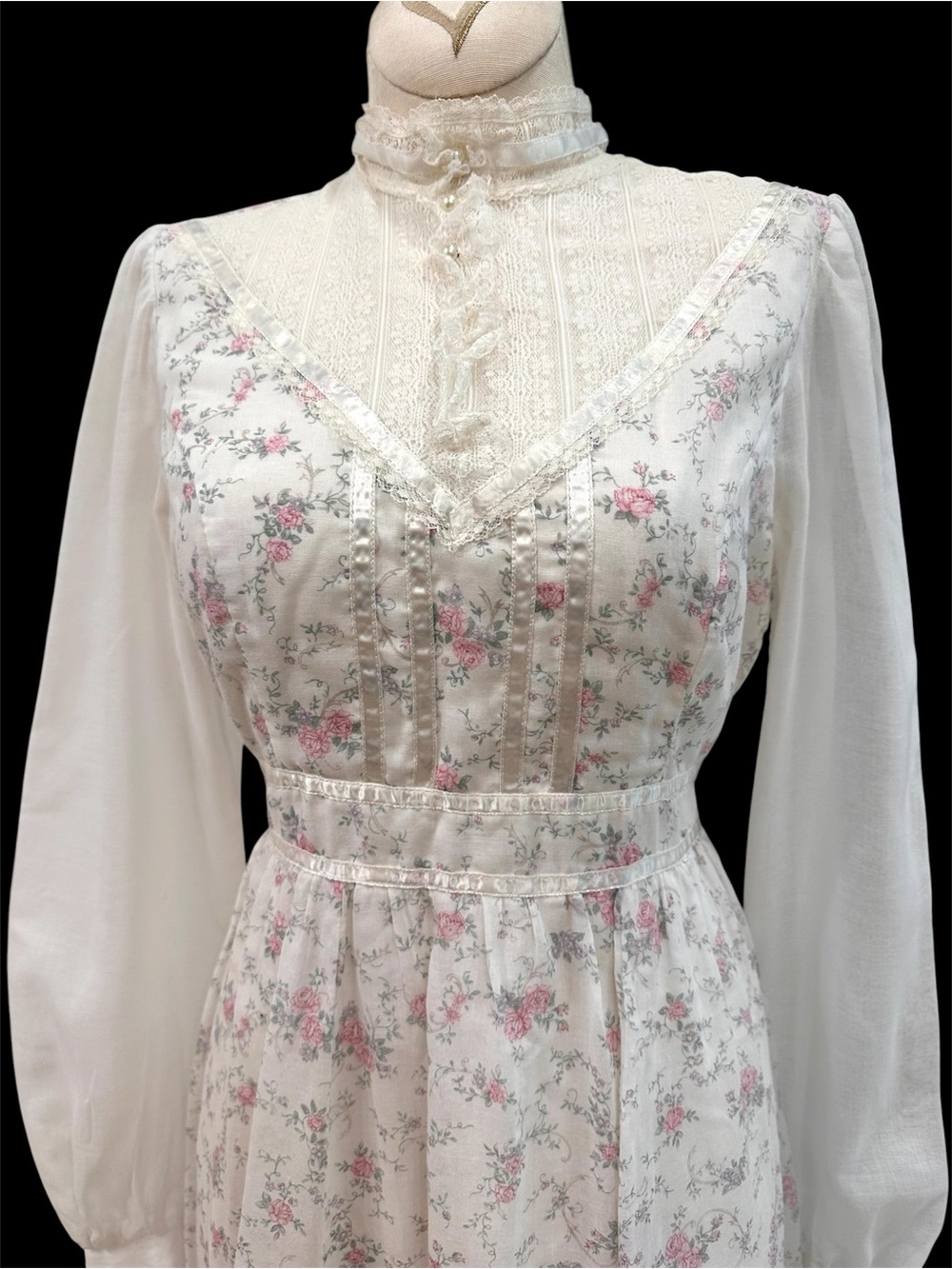 VTG Gunne Sax Cottagecore Floral Romantic Lace Trim Prairie Sheer Sleeves Dress - Picture 3 of 16